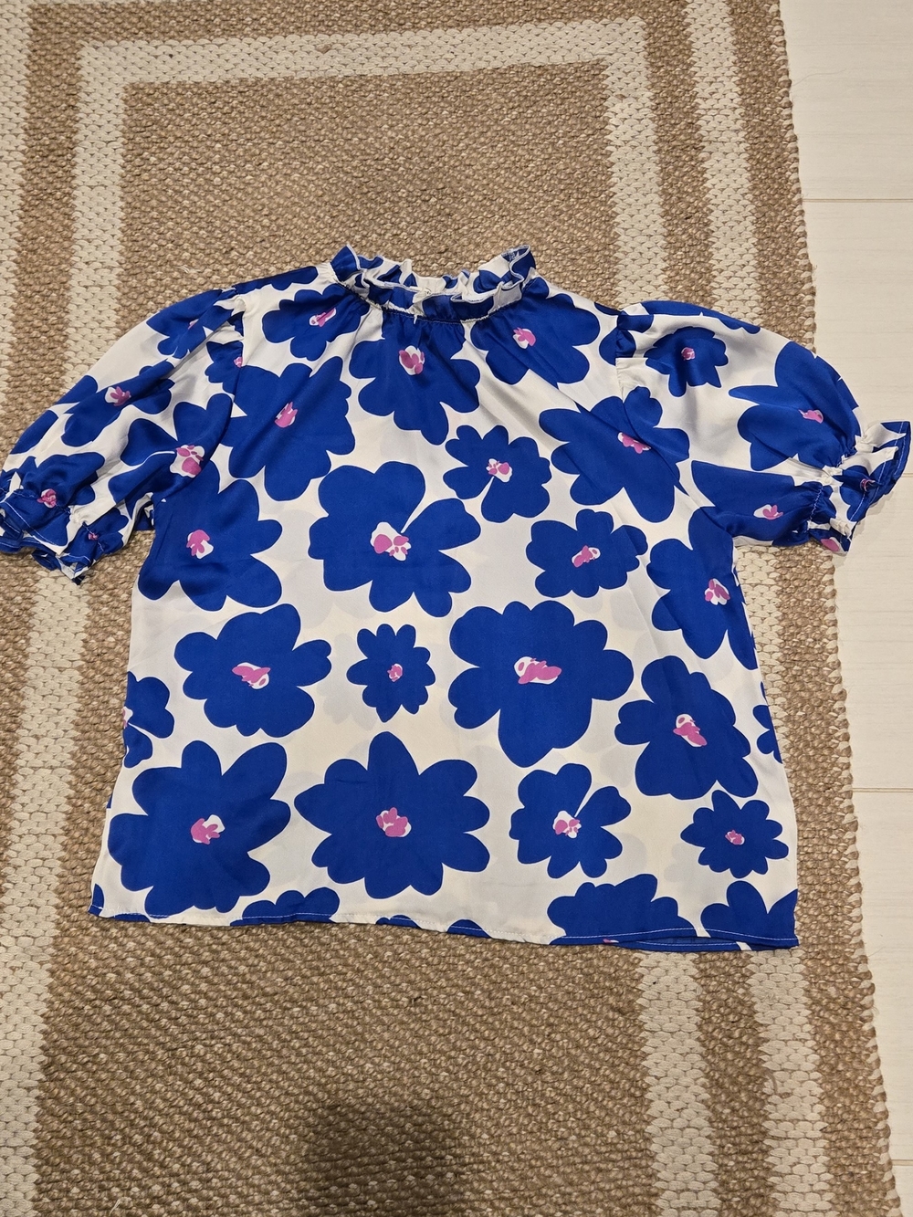 entro Blue Floral Ruffle Neck Blouse with Pink Accents